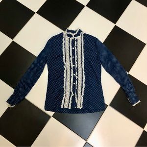 Vintage 70s 80s Na-Ma of California Long Sleeve Polka Dot Navy White Cottagecore